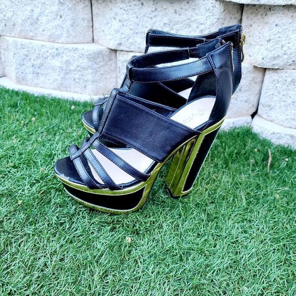 Qupid women's open toed black & gold platform heels - Picture 1 of 16